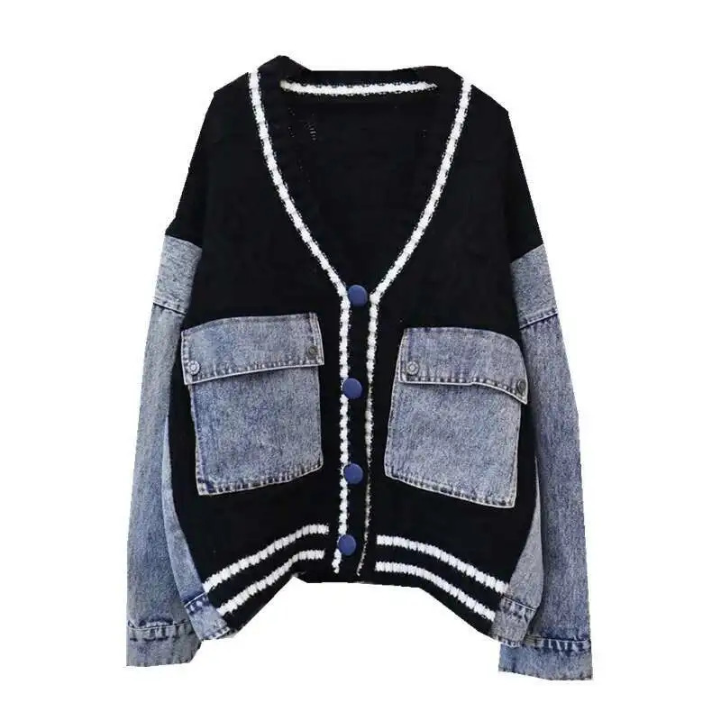 DEAT Fashion Trendy Womens Denim Pockets Patchwork Knit Cardigan Loose Vneck Long Sleeves Sweater Female Autumn 33A2150 251029