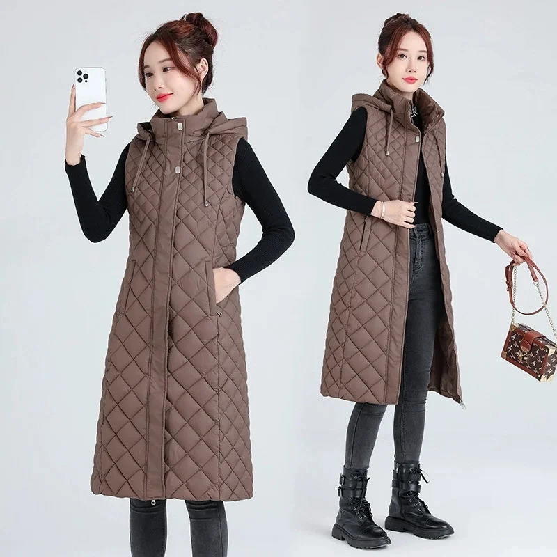 Women Autumn Winter Jacket Mid Long Down Cotton Vest Coat Hooded Windproof Female Waistcoat Sleeveless Jacket Chaleco Mujer 251024