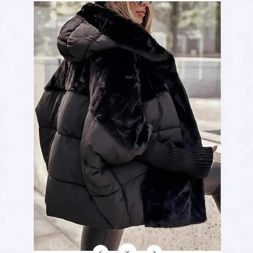 Women Parkas Thick Hooded Coats Zipper Button Spliced Parka Warm Casual Loose Solid Coat Cardigan Elegant Lady Winter 2025 251030