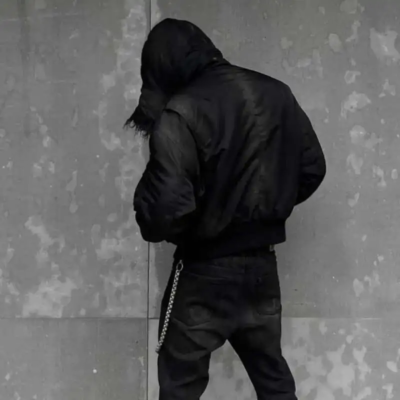 PFNW Winter Oversized Black Cottonpadded Coat Mens Trend Tiedye Print Fur Collar Zipper Hooded Quilted Padded Jackets 251028