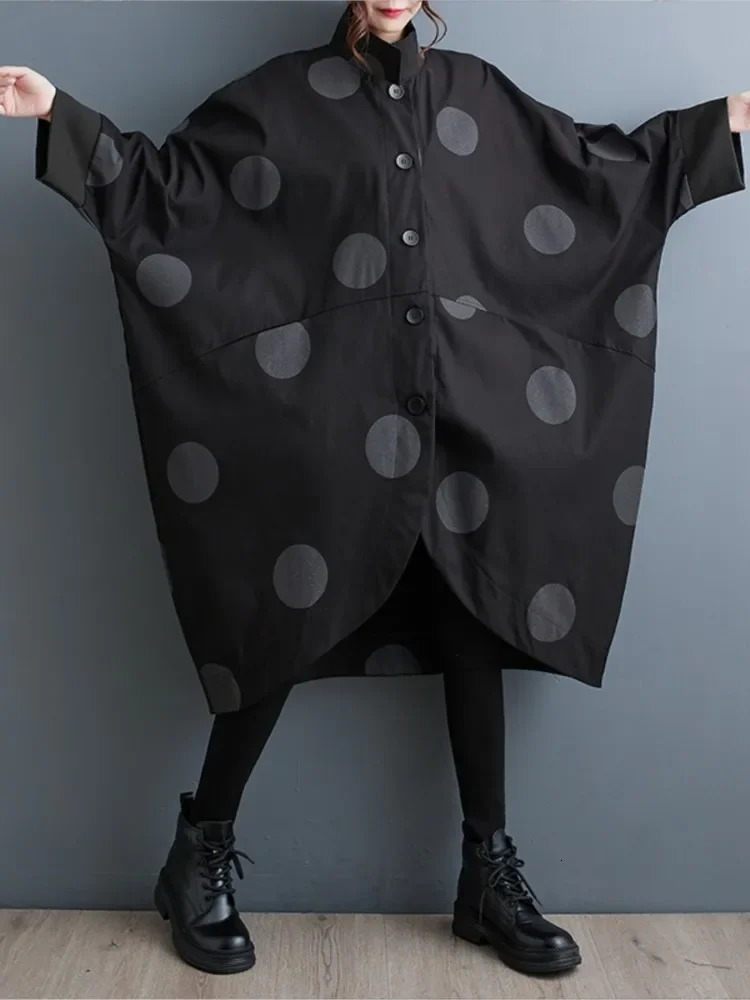 Oversized Polka Dot Trench Coat Women Vintage Autumn Loose Ladies Outwear Casual Trench Coats Fashion Woman Long Jacket Coat 251030