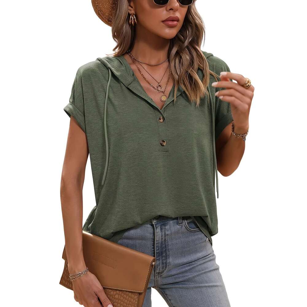 Pcs Women S Spring Summer Hooded Lightweight Breathable Solid Color V Neck Button Up Short Sleeve T Shirts With Drawstring Waist Polyester Hine Washab