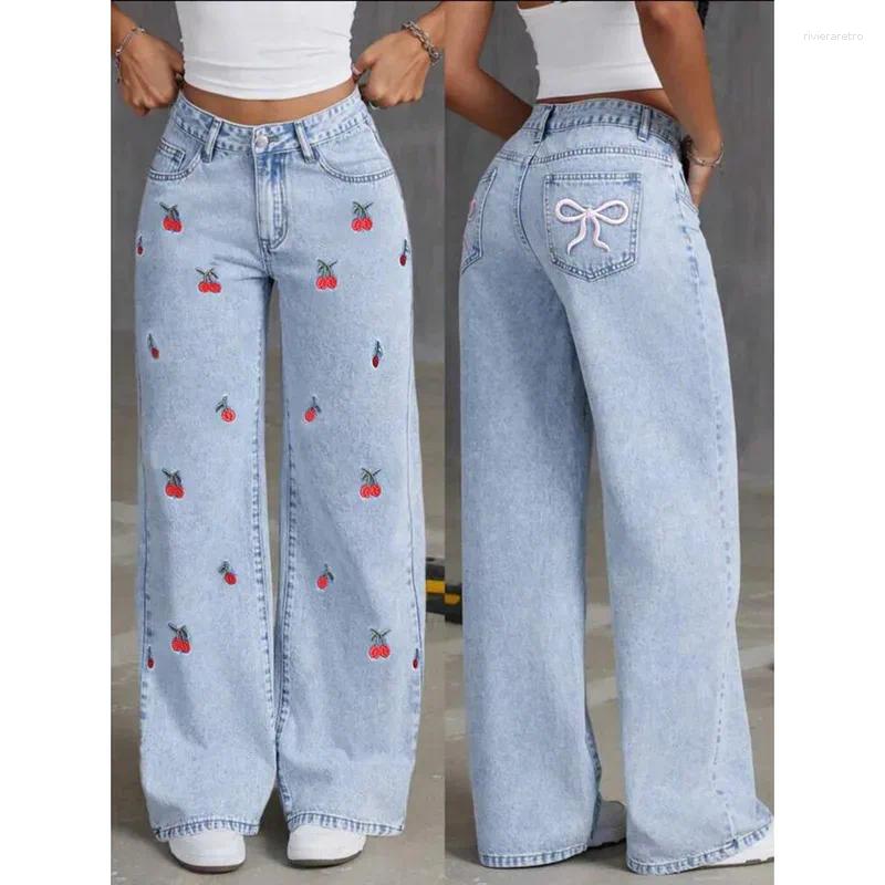Women's Jeans Women Embroidery High Waist Distressed Washed Pockets Vintage Floor Length Trousers 2025 Denim Wide Leg Pants Streetwear Z260313