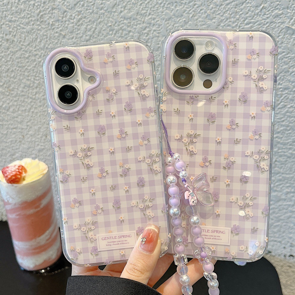 Plaid Small Floral Phone Case Compatible with iPhone 17 Pro/16 Pro Simple Bracelet 15/14 Full Coverage