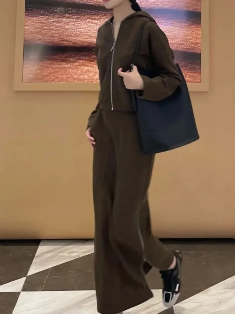 HipSeam Women High Waist Pants Set Hooded Zipper Pocket Bomber Jacket Wide Leg Trousers with Drawstring Women Outfits 251029