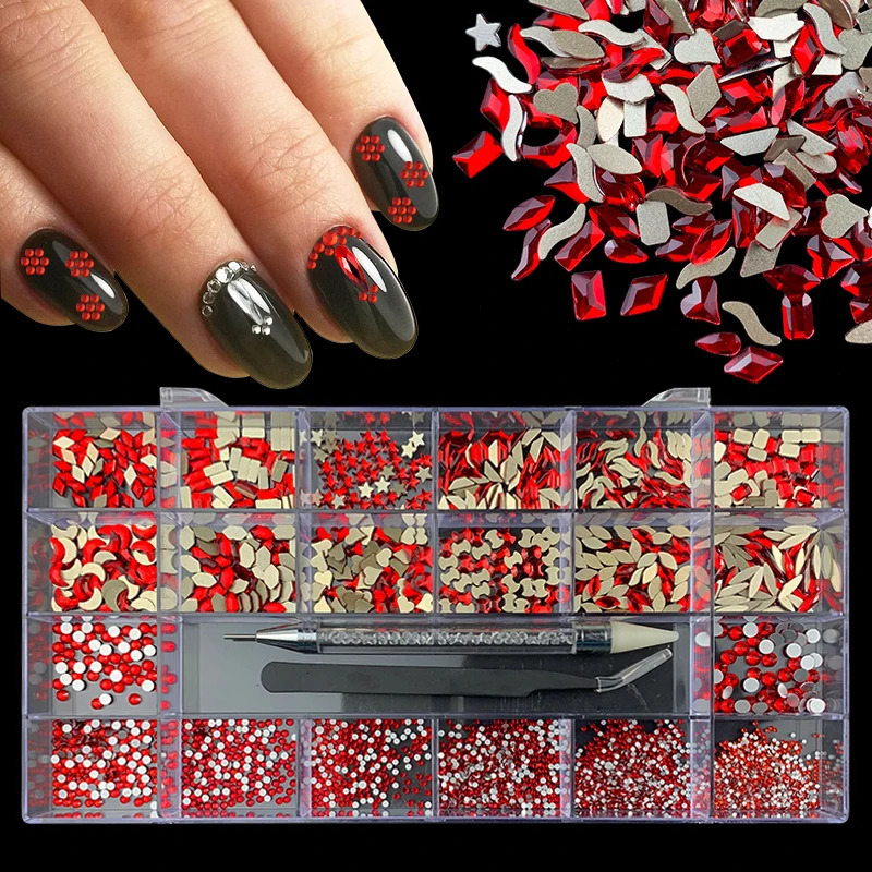 1 Box Shiny Diamond Nail Art Rhinestones Kit Glass Crystal Decorations Set 1pcs Pick Up Pen In Grids Box 21 Shapes 251027