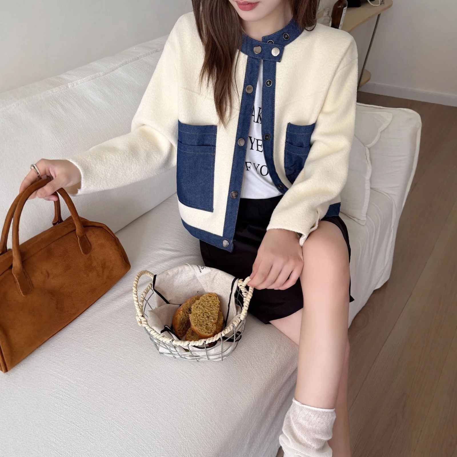 Women Cardigan Sweaters Coats Denim Splice Jackets Round Neck Jumpers Y2k Streetwear Elegant Knit Open Stith Autumn Winter 251029