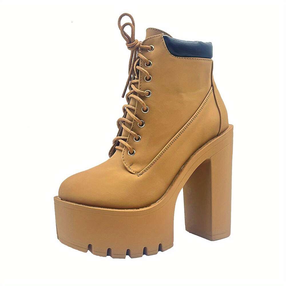Women's Chunky Heeled Short Boots, Round Toe Lace Up High Heels, Solid Color Platform Shoes