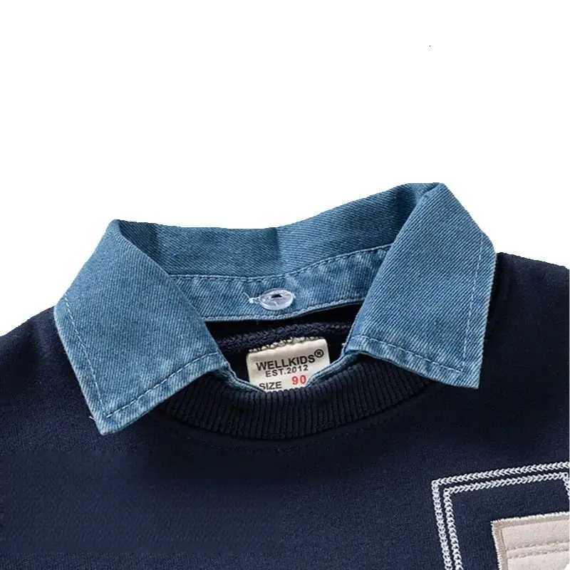 Fleece Padded False Denim Kids Tops Sweatshirt Patchwork Style Fashion Warm Kids Boys Pullover Casual Coat for WinterT251030