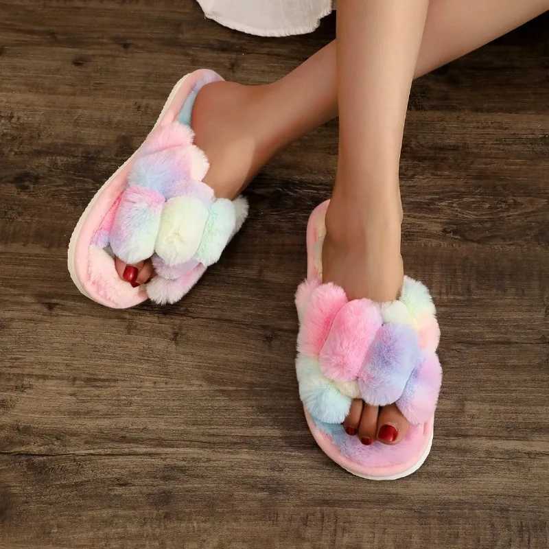 Winter Rainbow Slipper Ladies Women Colorful Plush Warm Flooring Non Slip Home House Shoes Flats Fluffy Family Footwear H251030