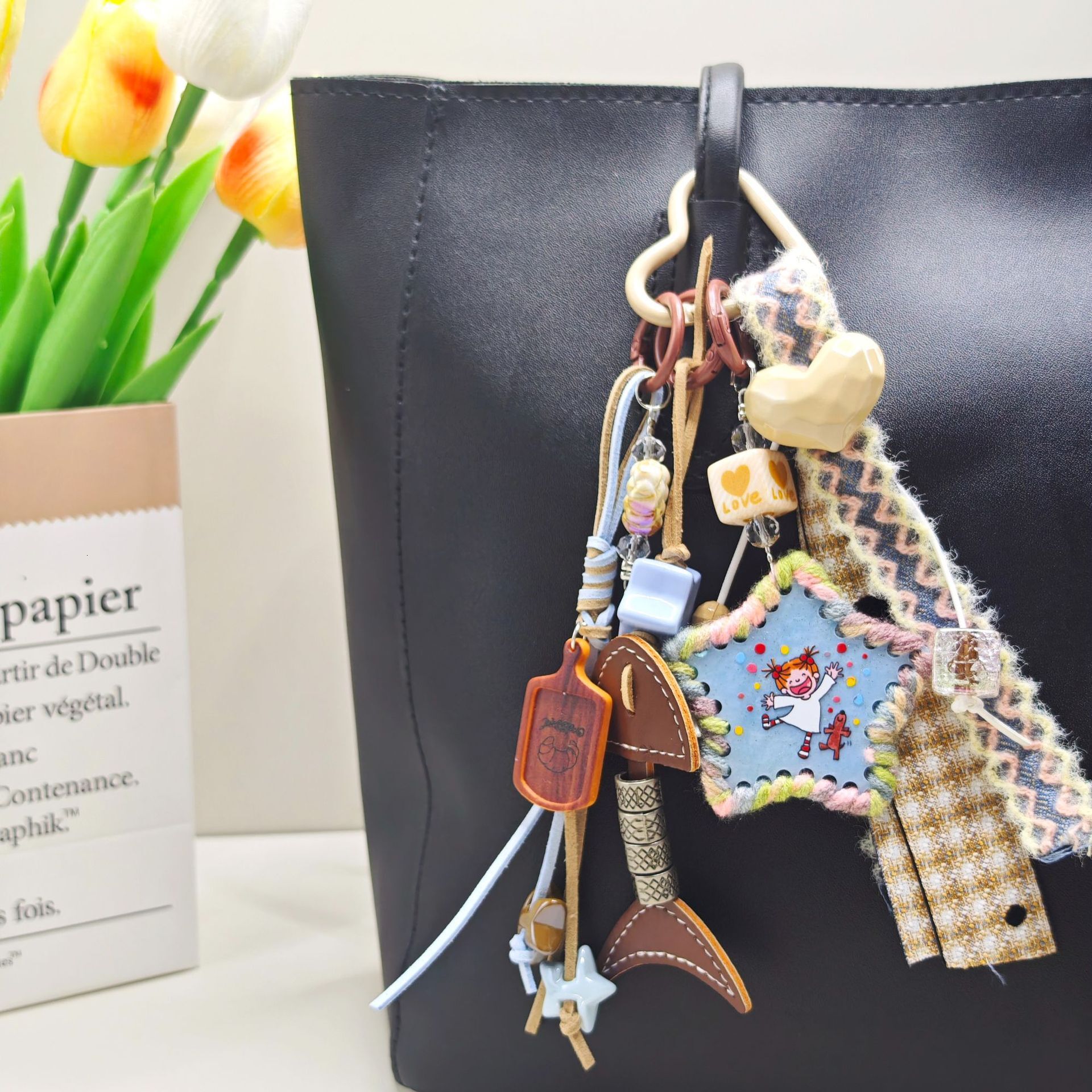 Leather Fishbone Pendant Wooden Tag Star Braided Rope Heart Bag Charm Small Tote Hangable Cute Baby