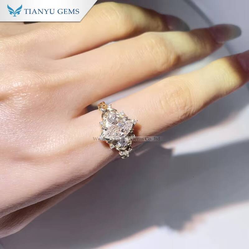 Tianyu Gems Custom Made Marquise 12ct Moissanite Diamond and Round 35mm 14k Yellow Gold Ring for Women Engagement
