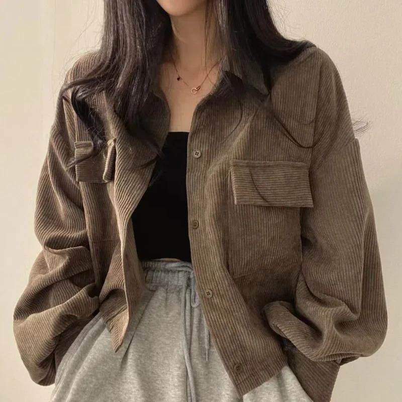 Fashion Retro Versatile Coat Single Breasted Collar Corduroy Shirt Long Sleeve Womens Top 166 251028