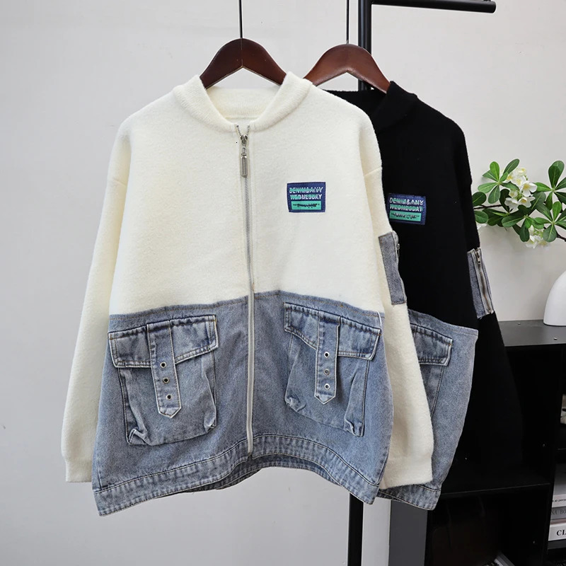 DEAT 2025 Autumn Winter Zipper Patchwork Denim Knitted DoubleSided Cardigan For Women Loose Sweater Jacket Female 11A06204 251029