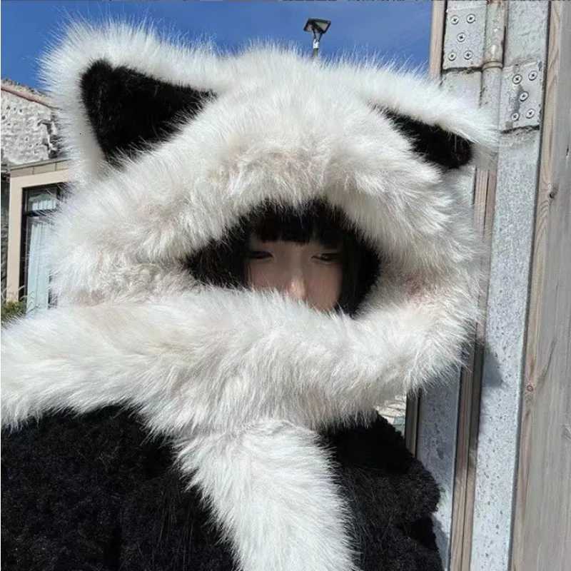 2024 New Womens Plush Fox Ear Bucket Hat ScarfIntegrated Warm Winter Cap with FaceFlattering DesignXJ251030