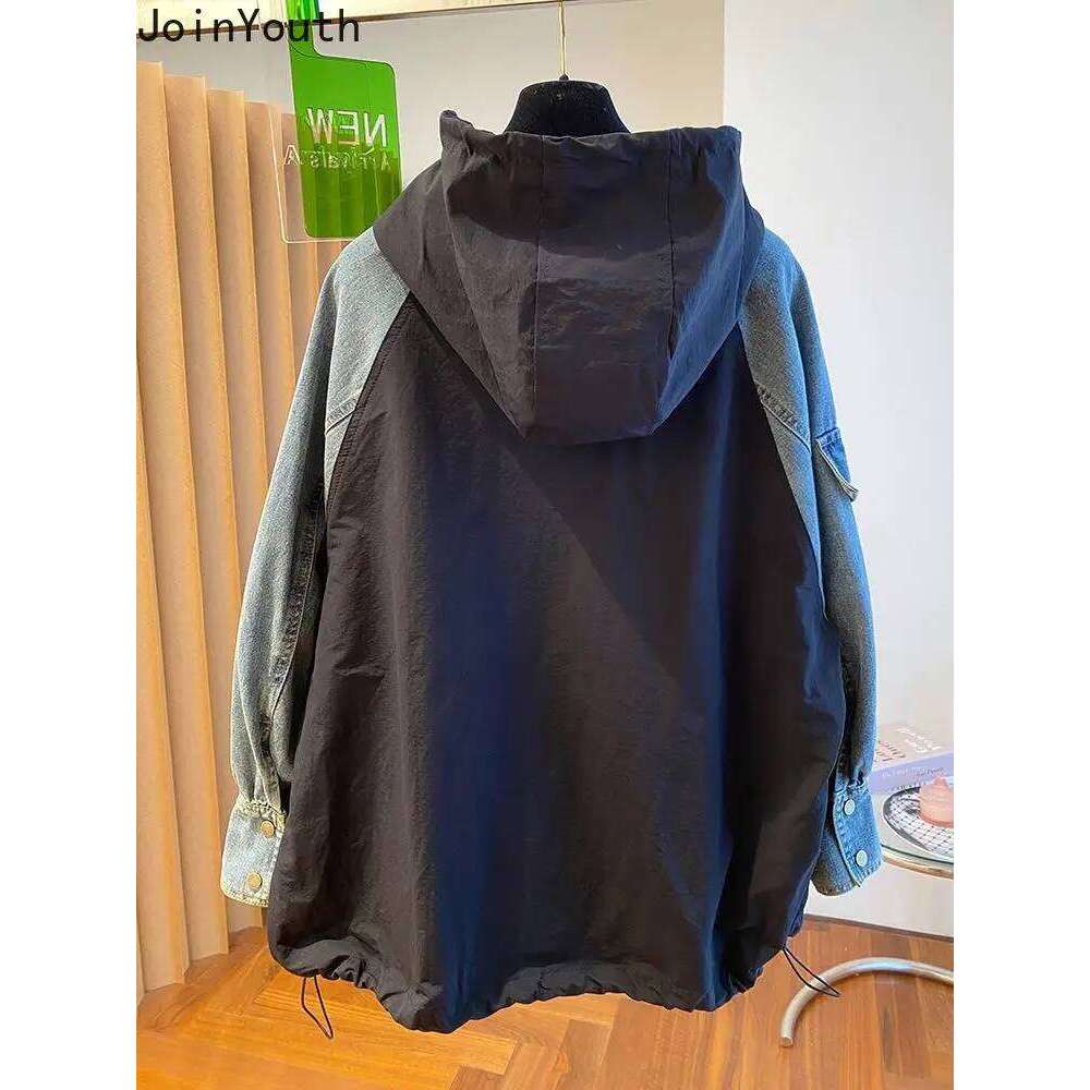 Oversized Sweatshirts For Women Patchwork Denim Streetwear Y2k Tops 2025 Ropa Mujer Hooded Contrast Color Vintage Hoodies