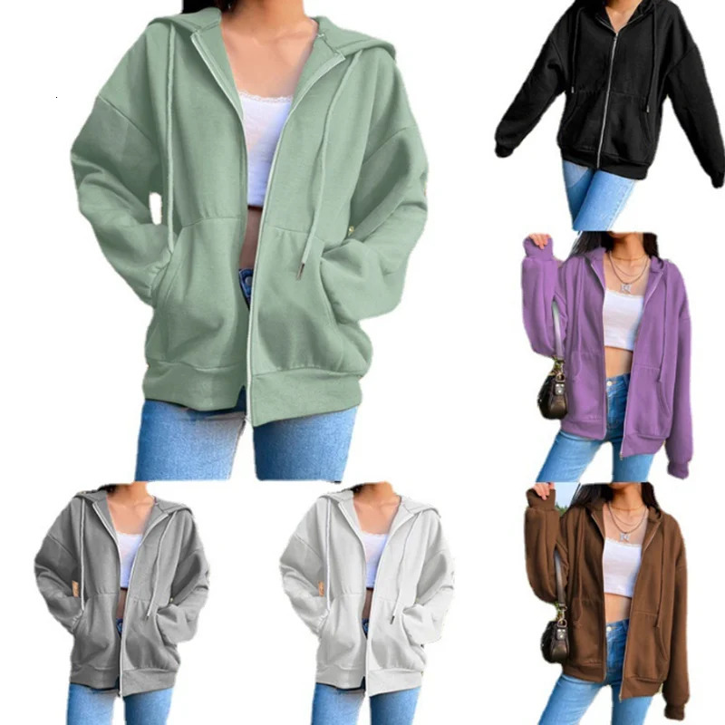 Autumn Fleece Hoodie Solid Color Hooded Korean Fashion Sweatshirts Long Sleeve Top Drawstring Pockets Loose Zipper Black Hoodies 251030