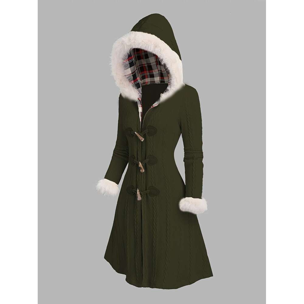 Y K Coat Y K Plaid Patchwork Hooded Coat Button Closure And Long Sleeves