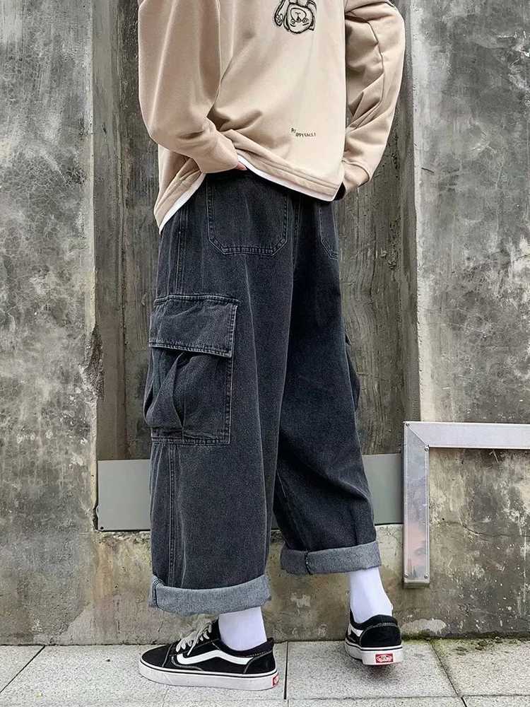 Baggy Jeans Mens Oversize Streetwear Fashion Wide Leg Cargo Pants Hip Hop Harajuku MultiPocket Denim Trousers Black Blue J251030