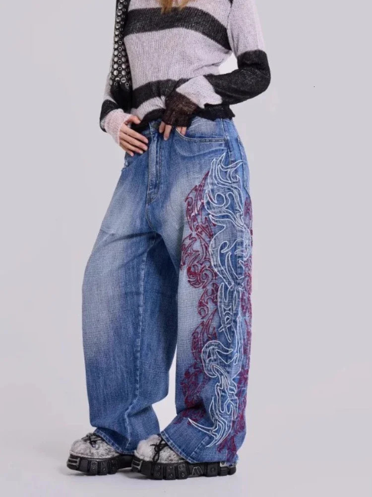 HOUZHOU Y2k Graphic Embroidery Vintage Women Jeans Oversized Hip Hop American Style Streetwear Wide Leg Denim Trousers Harajuku 251029