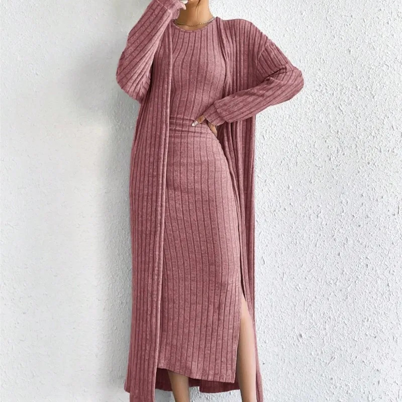 Autumn Knit Cardigan Sleeveless Dress Set Simple Solid Color Trendy Maxi Length Coat Homewear Dress 2Piece Set Womens Outfits 251028