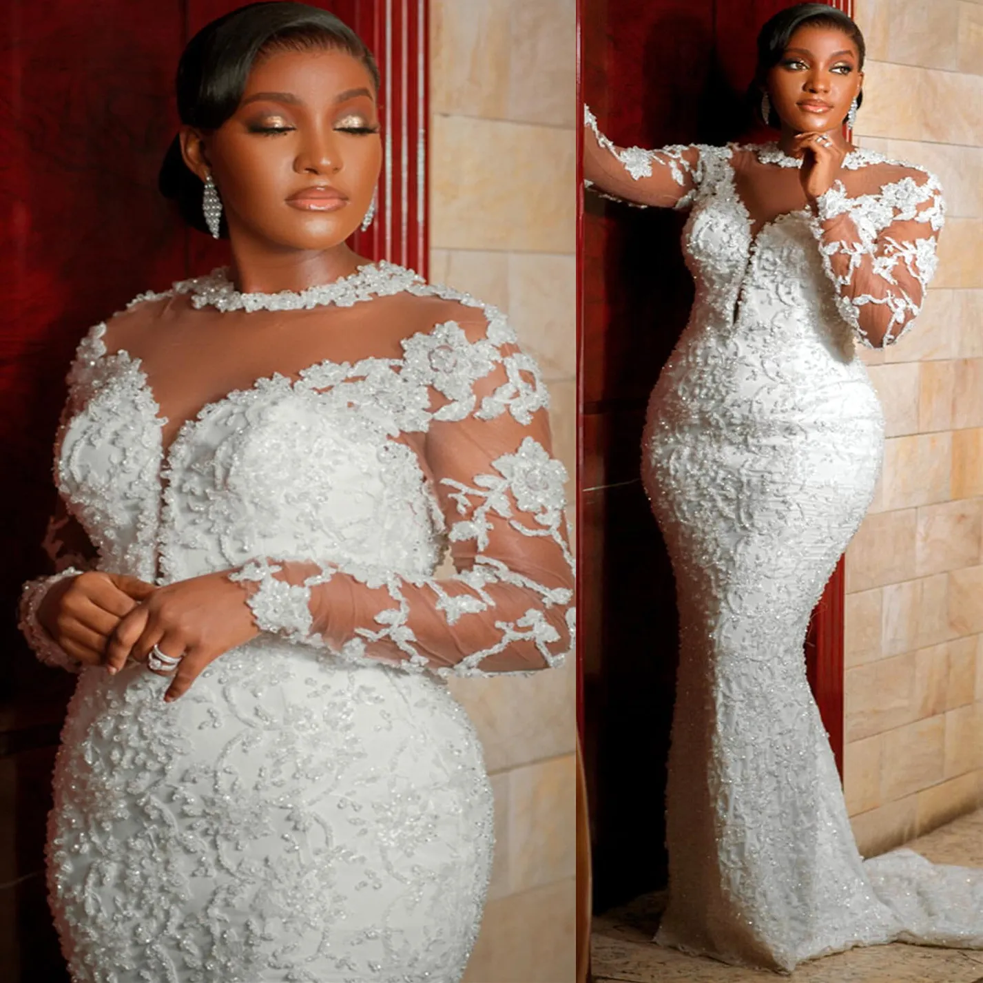 Ivory Mermaid Wedding Dresses Plus Size Lacefull Beaded Vintage Full Sleeves Bridal Gowns Dress Vestidos De Novia