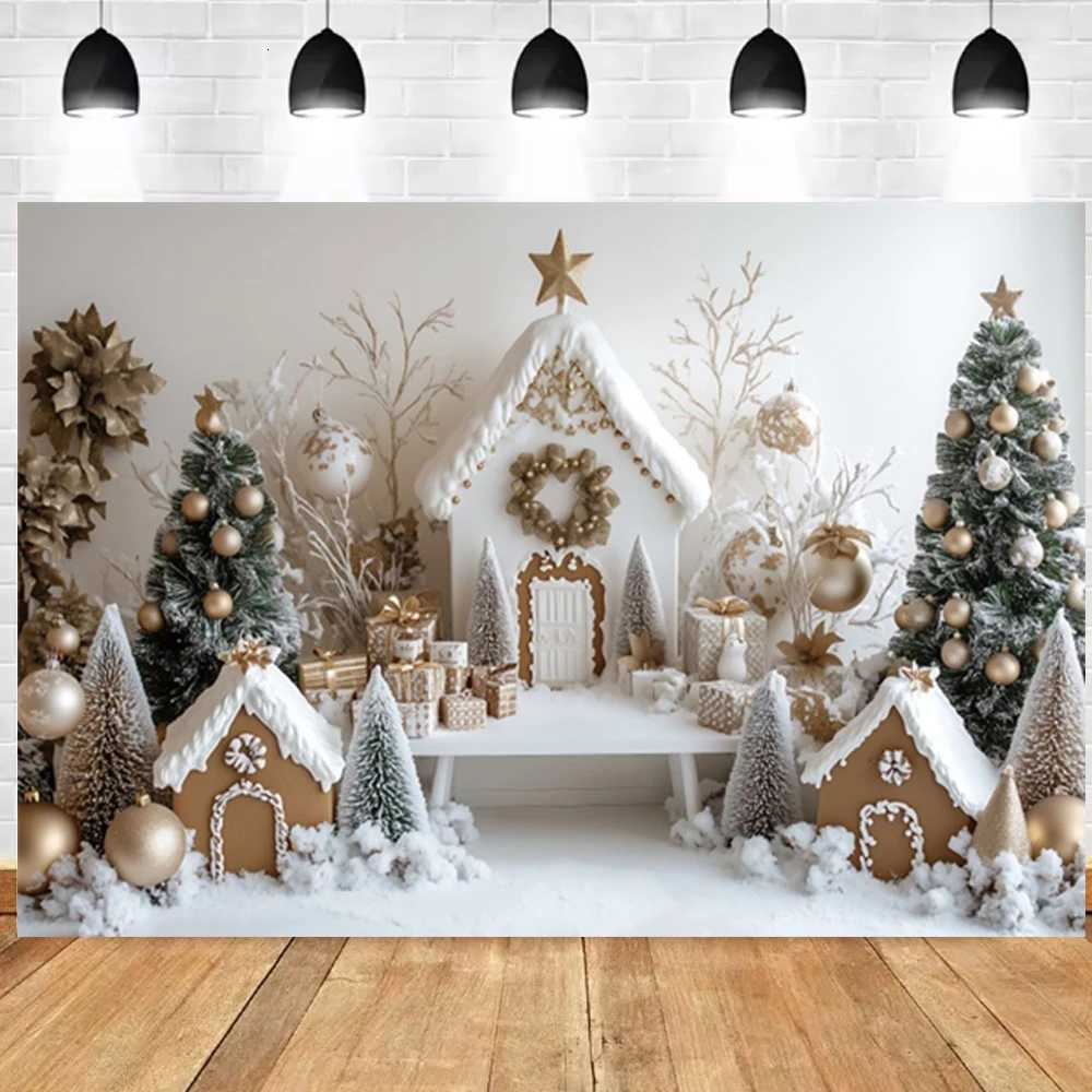 2025 Merry Christmas Photography Backdrop White Gingerbread House Xmas Trees Kids Family New Party Decor Photo Background Props C251030