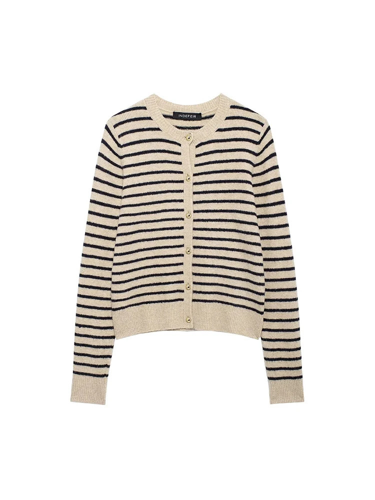 European and American style autumn womens clothing simple round neck long sleeve striped fine knitted cardigan sweater jack 251028