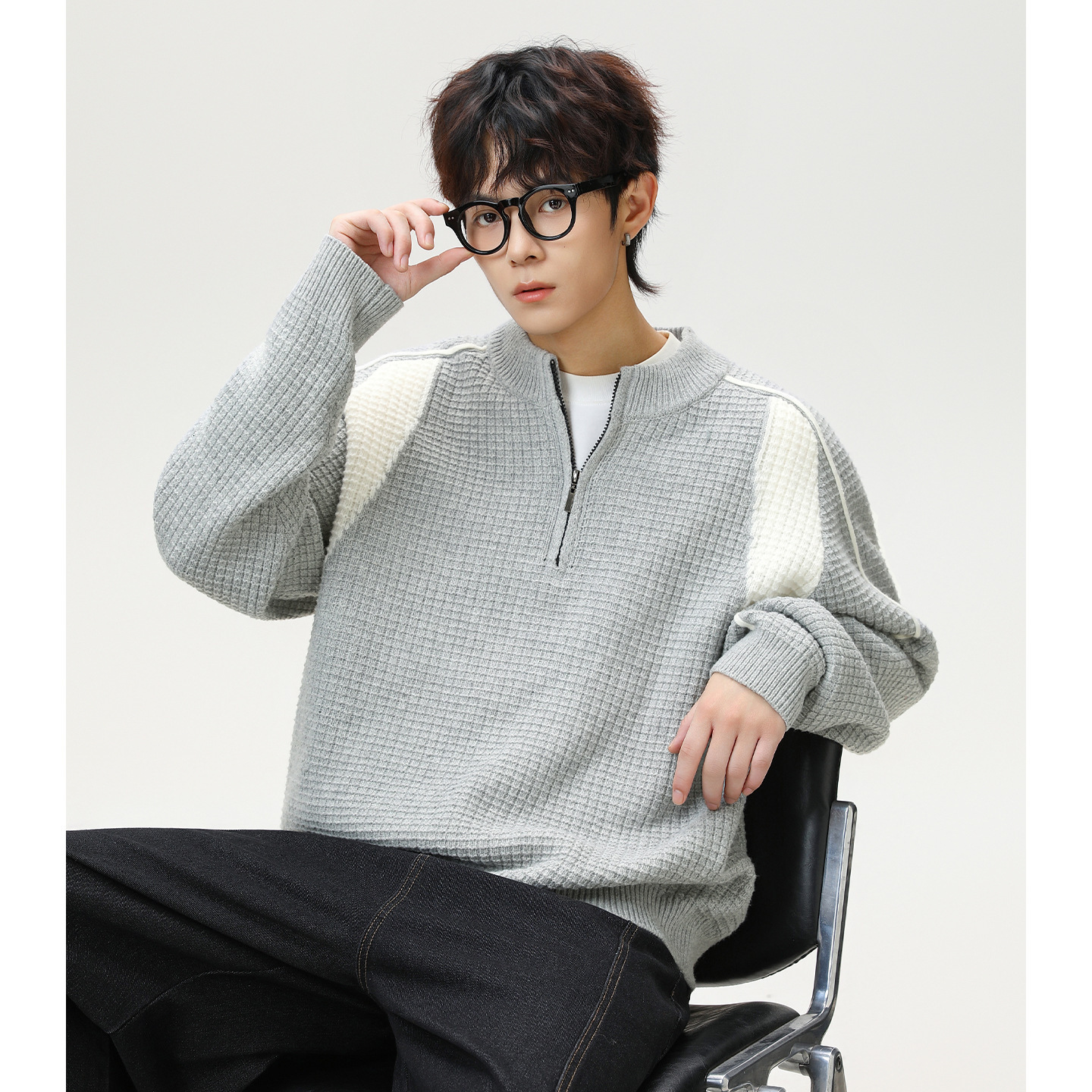 Color Block Patchwork Warm Thickened Mid-neck Sweater For Men Designer Sweater Autumn And Winter Style Imitation Deer Fur Half-zip Textured Knitwear J