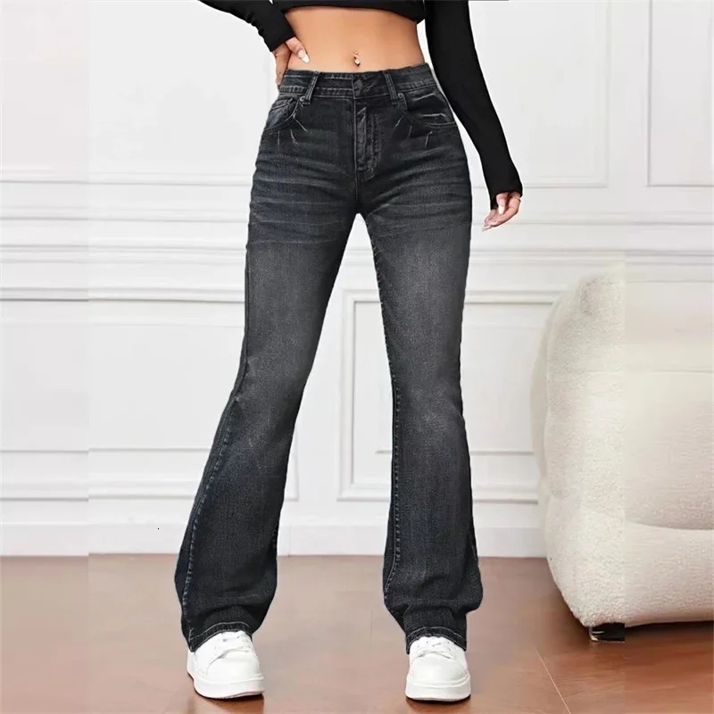 Women Casual Micro Flares Jeans Vintage Mid Waist Button Splice Denim Pants Female Office Trousers Trend Streetwear 251029