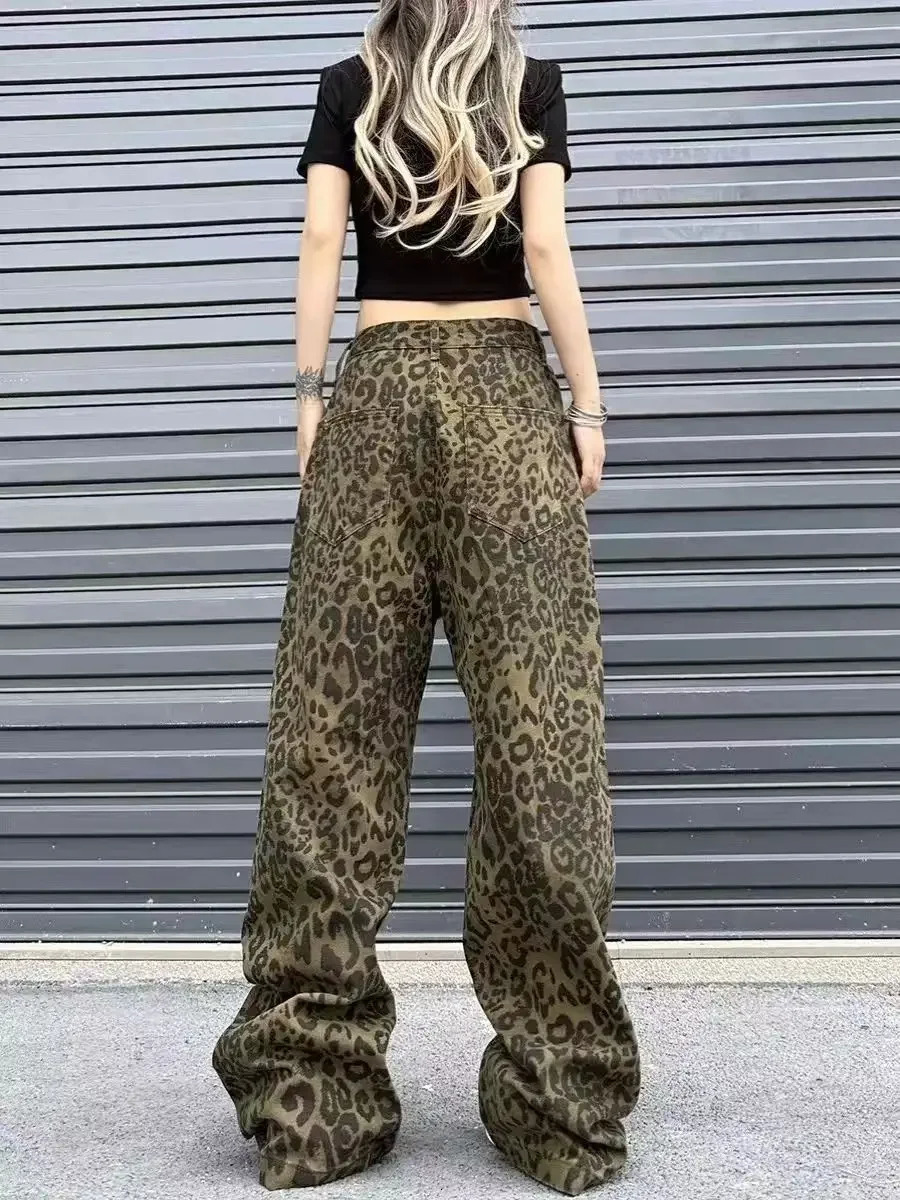 Vintage Fashion Female High Waist Casual Straight Jeans Trousers Autumn Spring Leopard Print Wide Leg Jeans Women Denim Pants 251029
