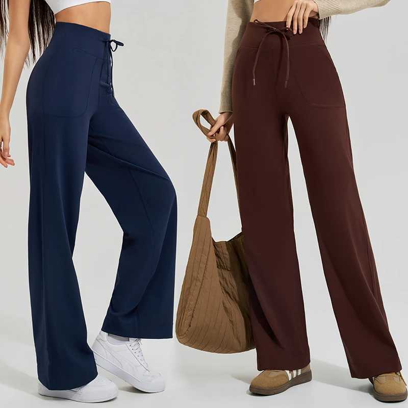 Womens yoga pants high waist wide leg gym casual pants solid color drawstring high elasticity quick drying tight pants J251030