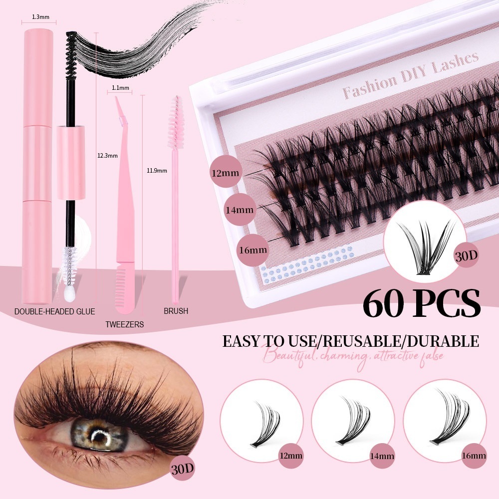 Thick Fluffy DIY Cluster Lashes Kit 60Pcs Individual Eyelashes Soft Lightweight Hand Made Reusable D Curled Grafted Lashes Accessory DIY Eyelash Exten