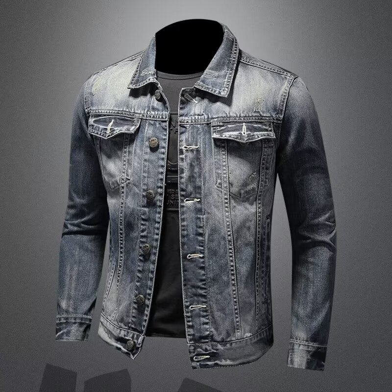Men's Denim Jacket Spring Autumn American Style Washed Vintage Casual Slim Designer Jacket Fit Long Sleeve Denim Jacket Cool Trendy