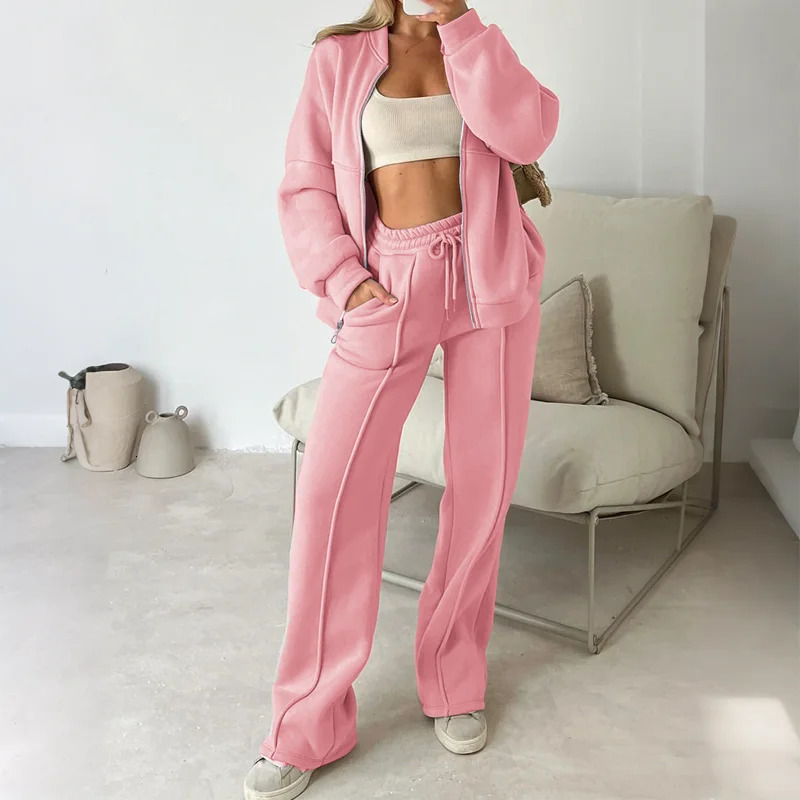 Womens Zipper Pocket Cardigan Sporty Style Long Sleeve Jacket Solid Color Long Trousers Set 251029