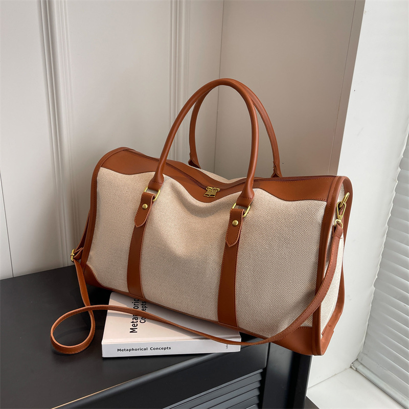 New casual retro women's canvas travel bag, sports and fitness short distance large capacity color blocked travel bag, trendy designer bag