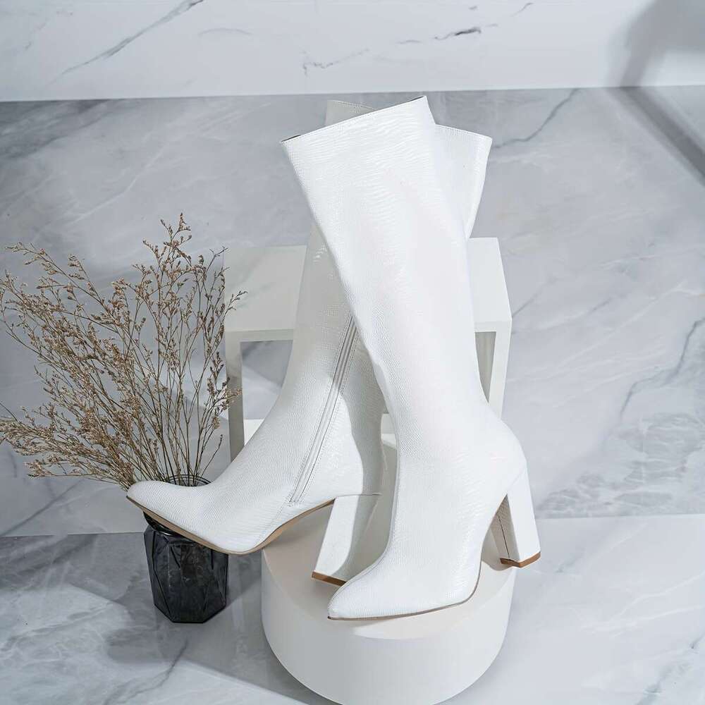 Elegant White Pointed-Toe Knee-High Women - Chunky With Side Zipper, Faux Cover, Perfect For Fall & Winter Comfort, High Heel Boots