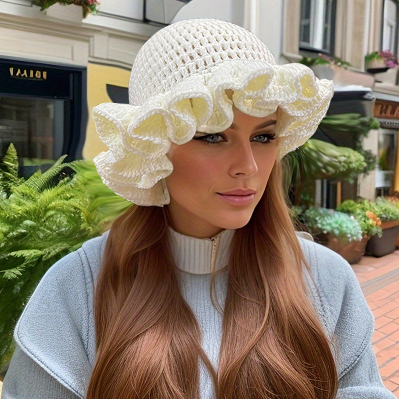 2025 Solid Color Ruffled Crochet Wool Hat with Pleated Edge and Wide Brim Fisherman Hat for Autumn and Winter 241105