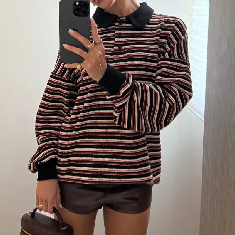 Women Striped Rugby Shirt Lapel Collar Vintage Oversize Long Sleeve Pullover Y2k Tee Casual Sweatshirts 251030