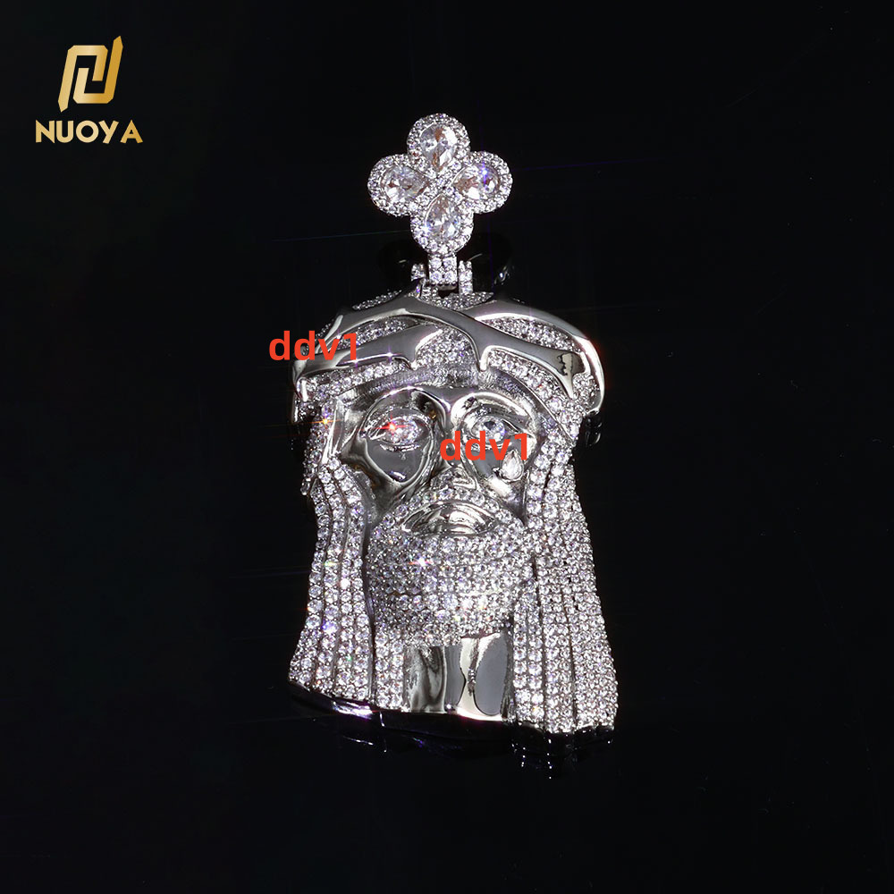 NUOYA Mens Diamond Jesus Head Pendant Necklace Inlaid Silver Gold Plated Christ Face Clover Hook Religious Jewelry Designer's style