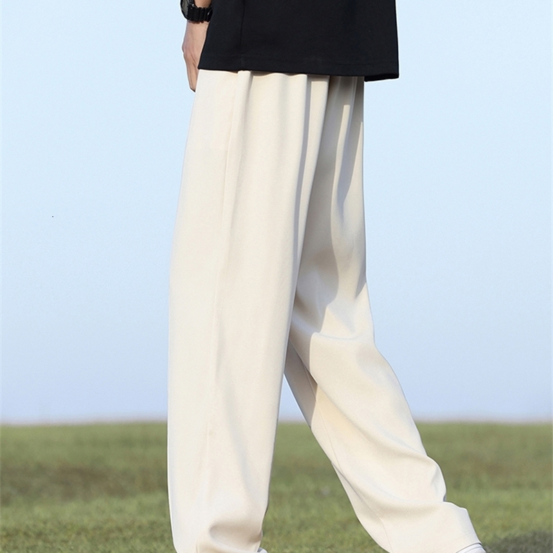 Summer Korean Mens Pants LightThin Polyester Elastic Waist SemiWide Loose Slacks Drape Suit Male Casual Trousers y251010