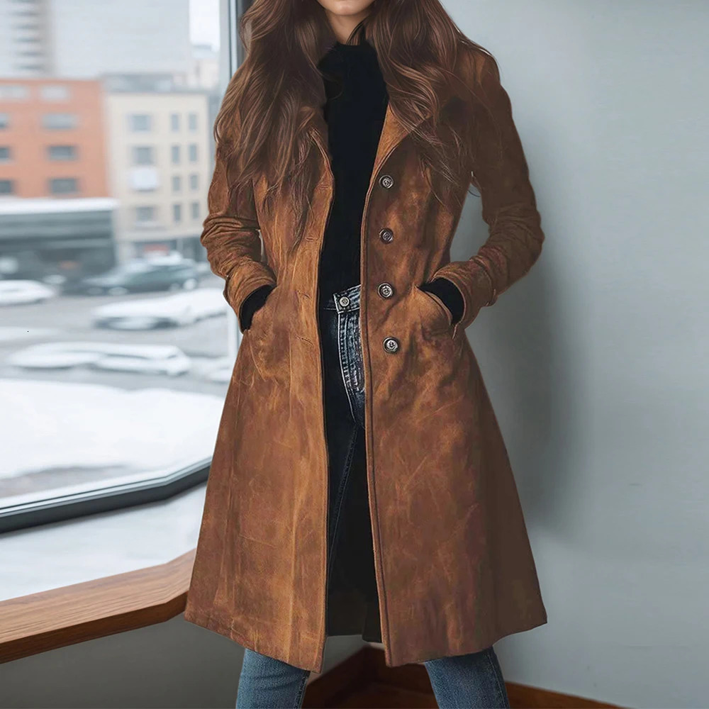 Elegant Suede Long Trench Women Coat Vintage Pocket Single Breasted Long Sleeve Outerwear Windbreaker Fall Outdoor Female Jacket 251030