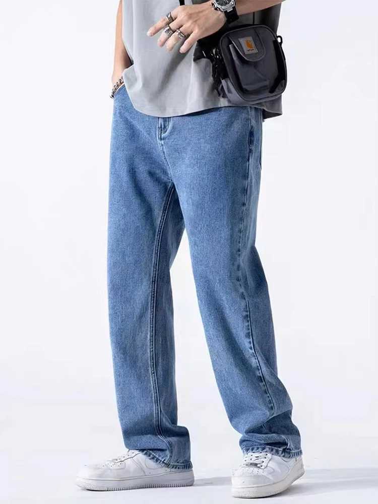 Mens Straight Jeans Korean Fashion Elastic Banded Wide Leg Blue Denim Pants Casual Baggy Jeans Trousers J251030