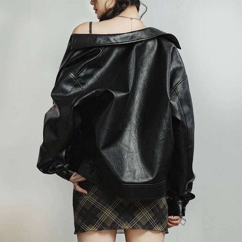 Maden Women's Retro Black Leather Jacket Short Motorcycle Style Jackets With Metal Buttons Versatile Autumn And Spring Outerwear