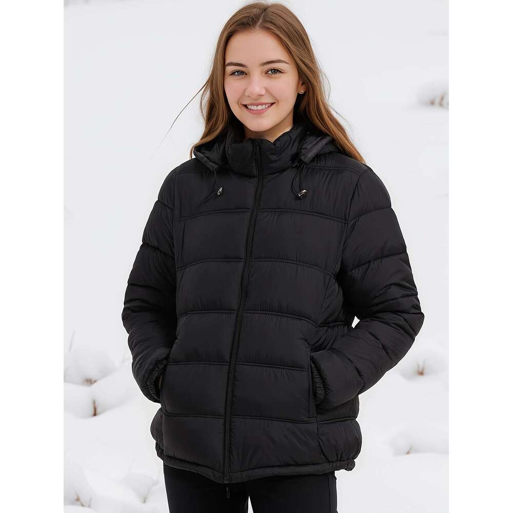 Women S Elegant Casual Long Sleeve Hooded Puffer Jacket Polyester Non Stretch Solid Color With Pockets And Flared Hem