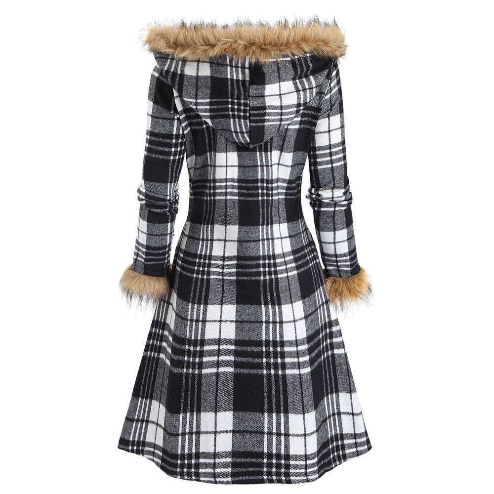 Women S Tartan With Hood Collar Bury Black White Plaid Jacket Golden Tone Buckles Like Trim Fau Hine Washable Elegant Scottish Inspired Outerwear For 