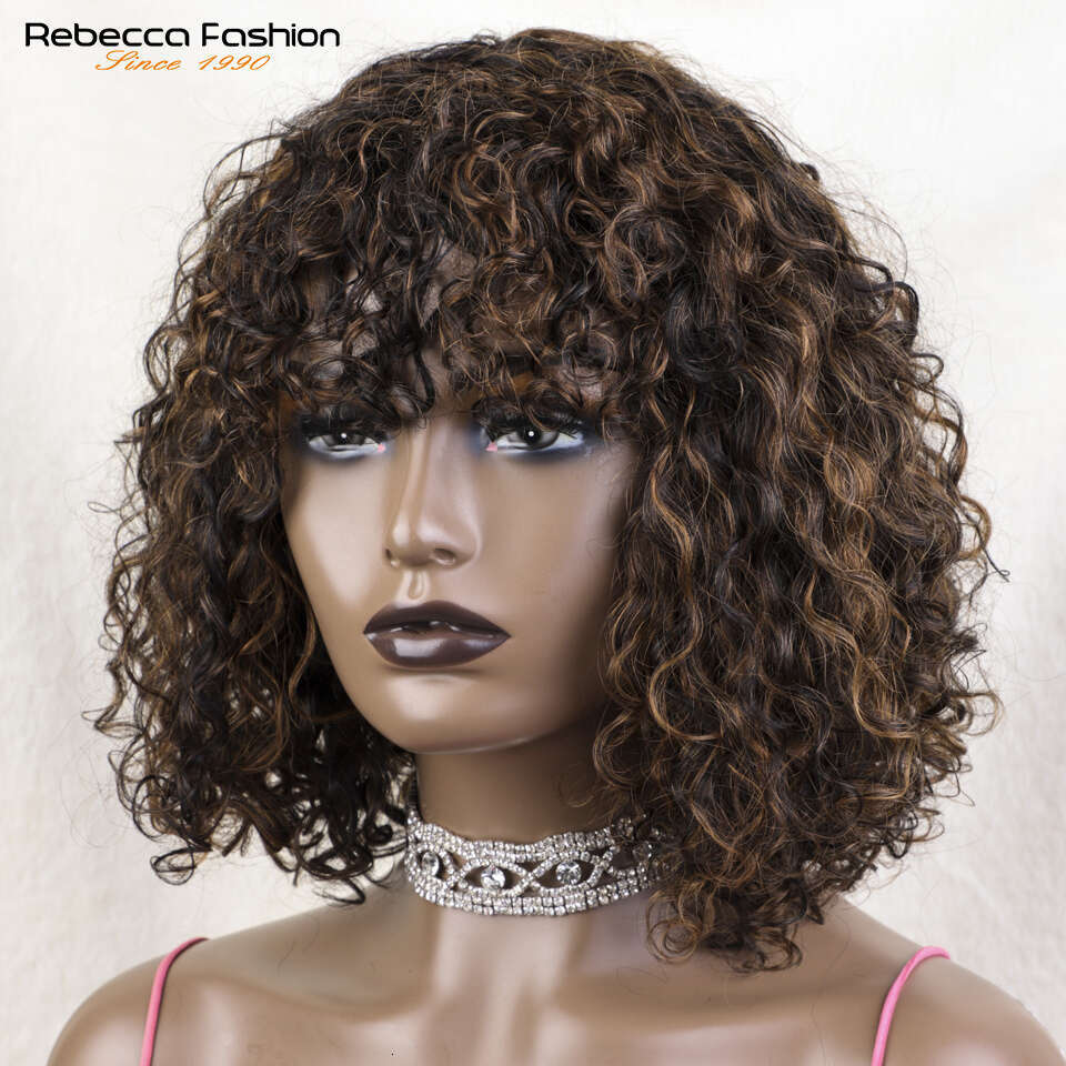 Lekker Brazilian Remy Human Hair Wig - Short Pixie Cut Bob With Bangs, Curly Wave Texture, Natural Black To Blonde Ombre Highlights P4/30/27, Density,
