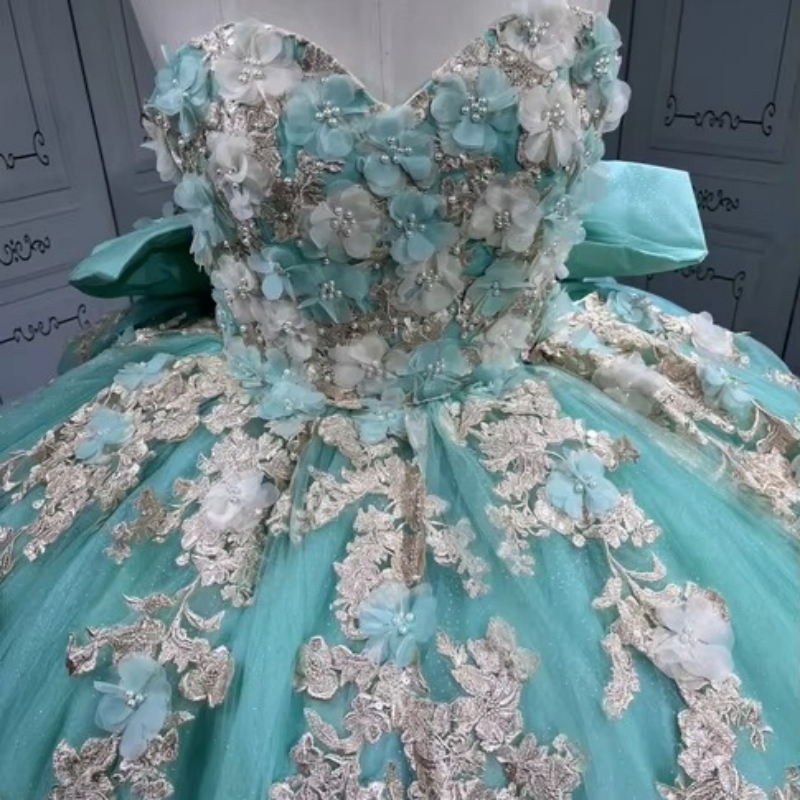 Green Shiny Quinceanera Dresses Off The Shoulder Applique Flower Beading Bow Tull Party Birthday Sweet 16 Dress Vestidos 15 Anos