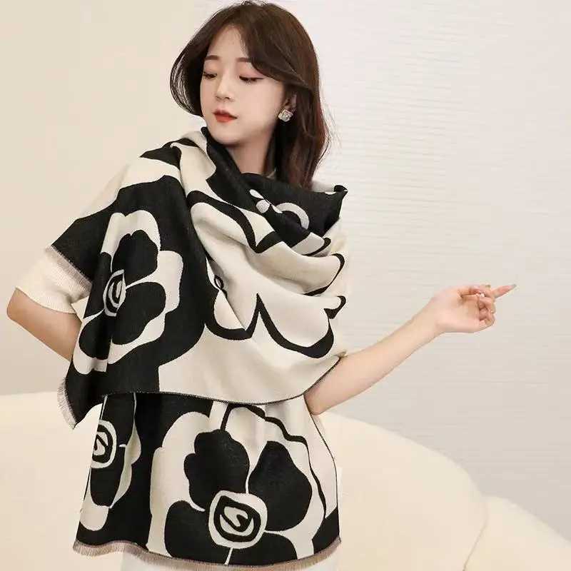 Camellia Light Luxury Shawl for Women 2025 New Collection HighEnd Versatile Black and White Scarf WarmW251029