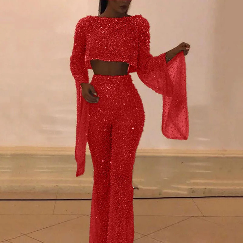 Sexy Backless Hollow Bandage Jumpsuit Women Spring Oneck Flare Sleeve Straight Playsuit Fall Sequin Shiny Party Romper Overalls 251027